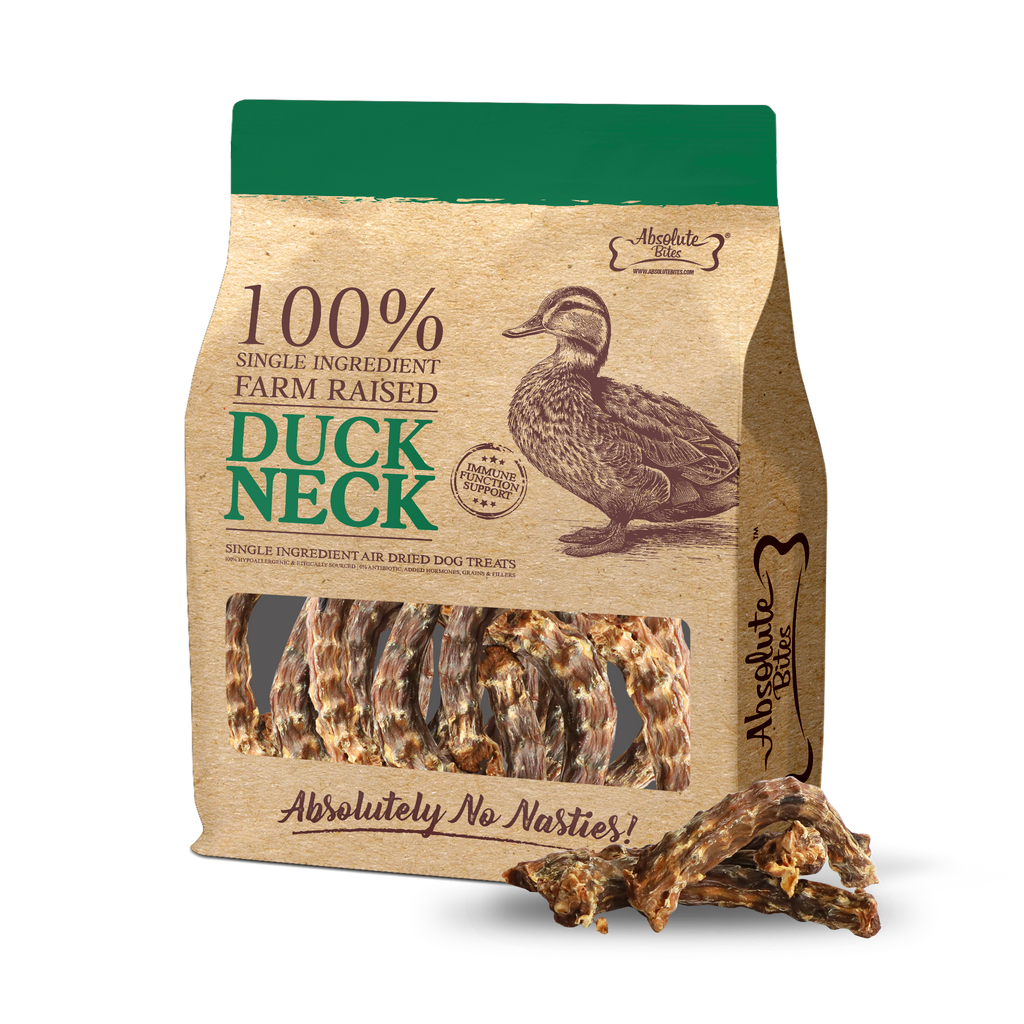 Absolute Bites Air Dried Duck Necks for Dogs, high-protein, natural treats made from premium duck.