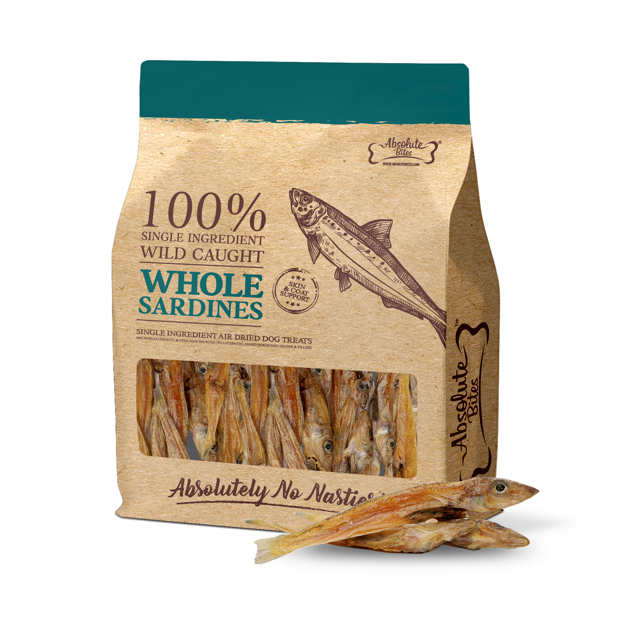 Absolute Bites Single Ingredient Air Dried Treats for Dogs - Wild Caught Whole Sardines (200g).