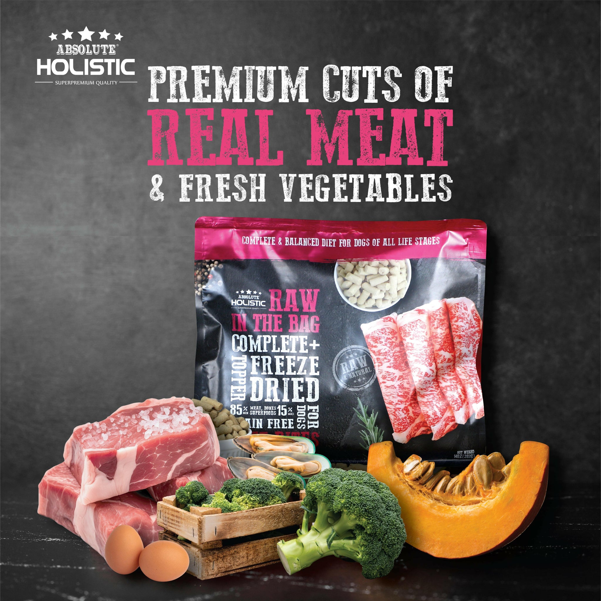 Absolute Holistic Raw in the Bag Complete Freeze Dried Dog Food - Pork Bites (14oz).