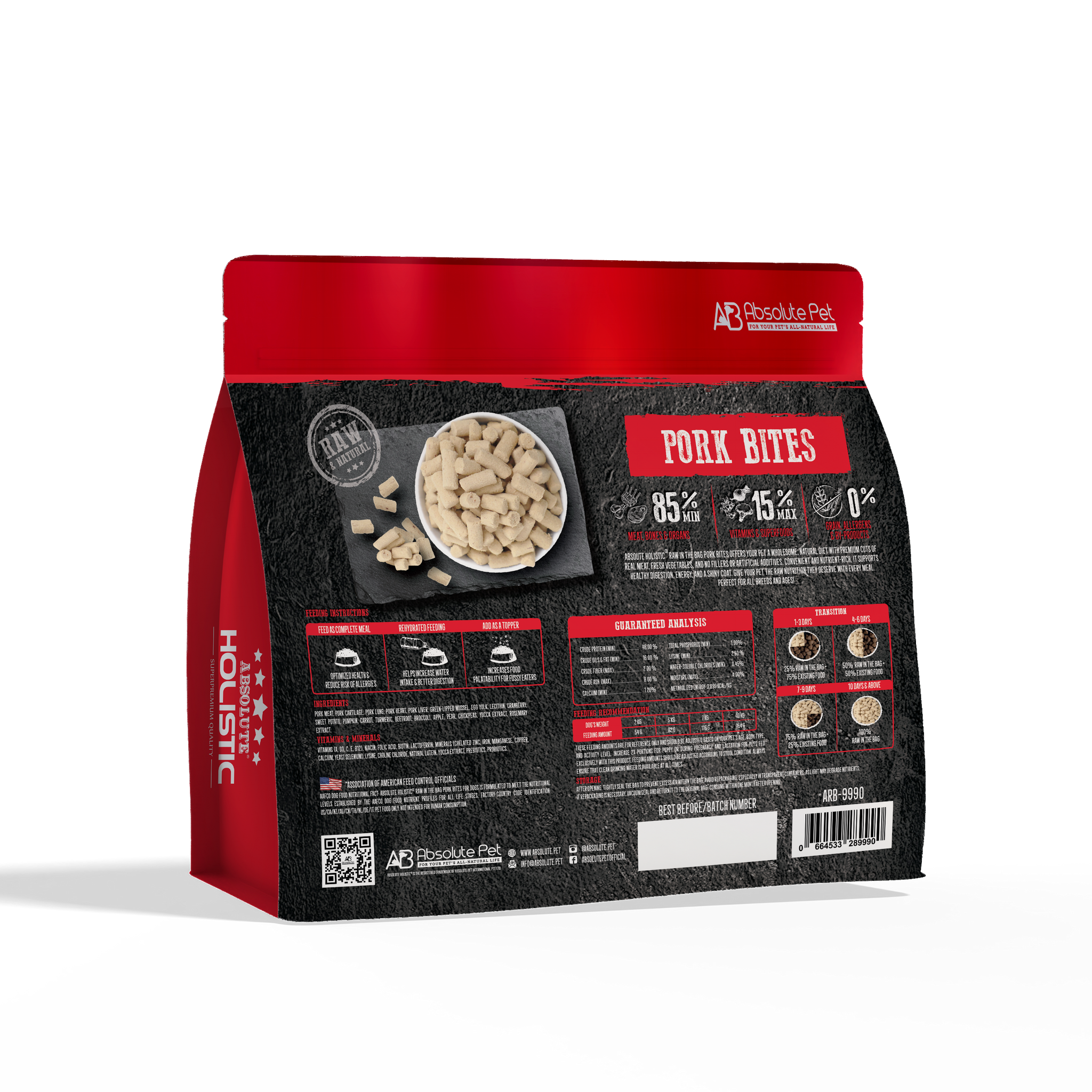 Absolute Holistic Raw in the Bag Complete Freeze Dried Dog Food - Pork Bites (14oz).