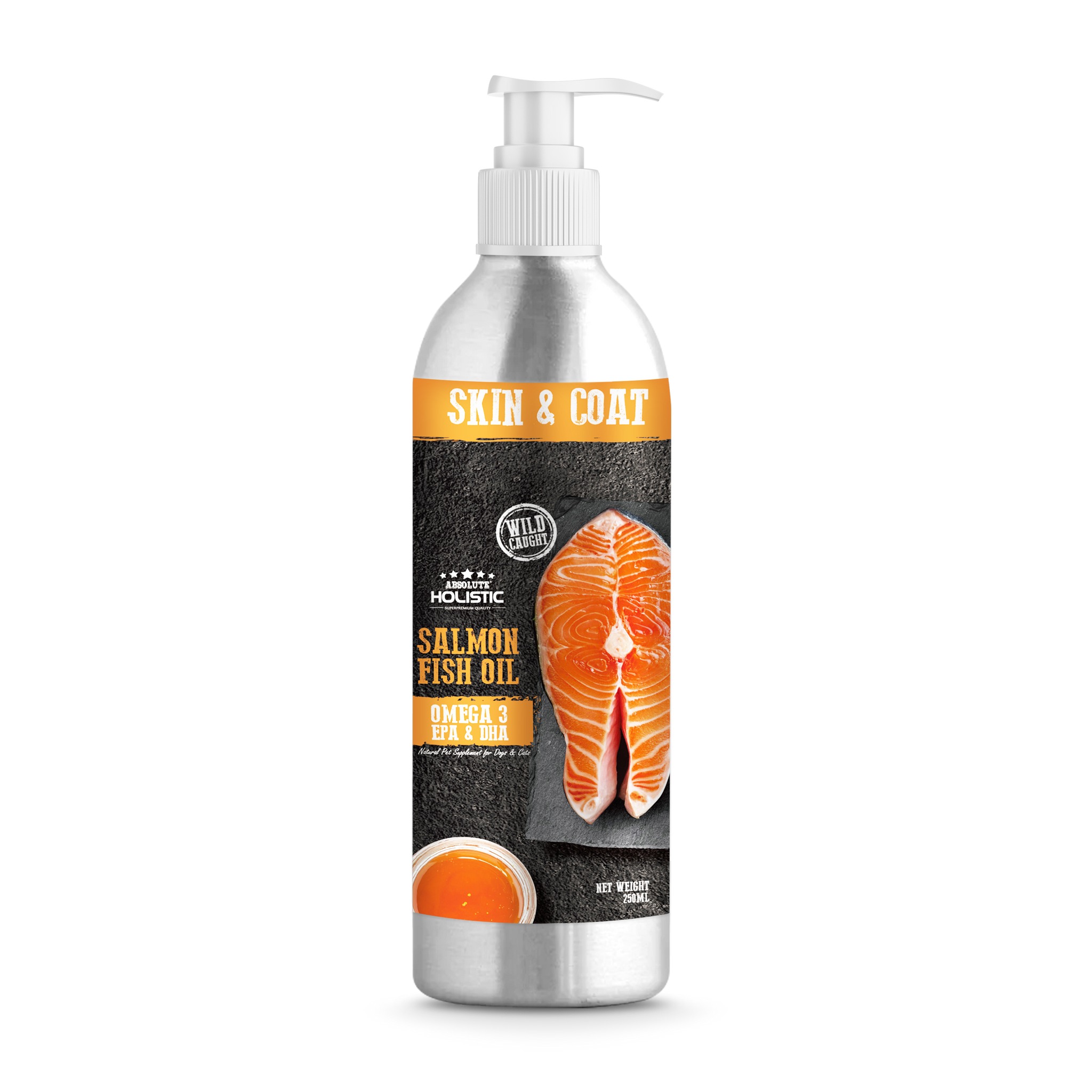 Absolute Holistic Wild Salmon Fish Oil Natural Pet Supplement for Cats & Dogs (250ml).