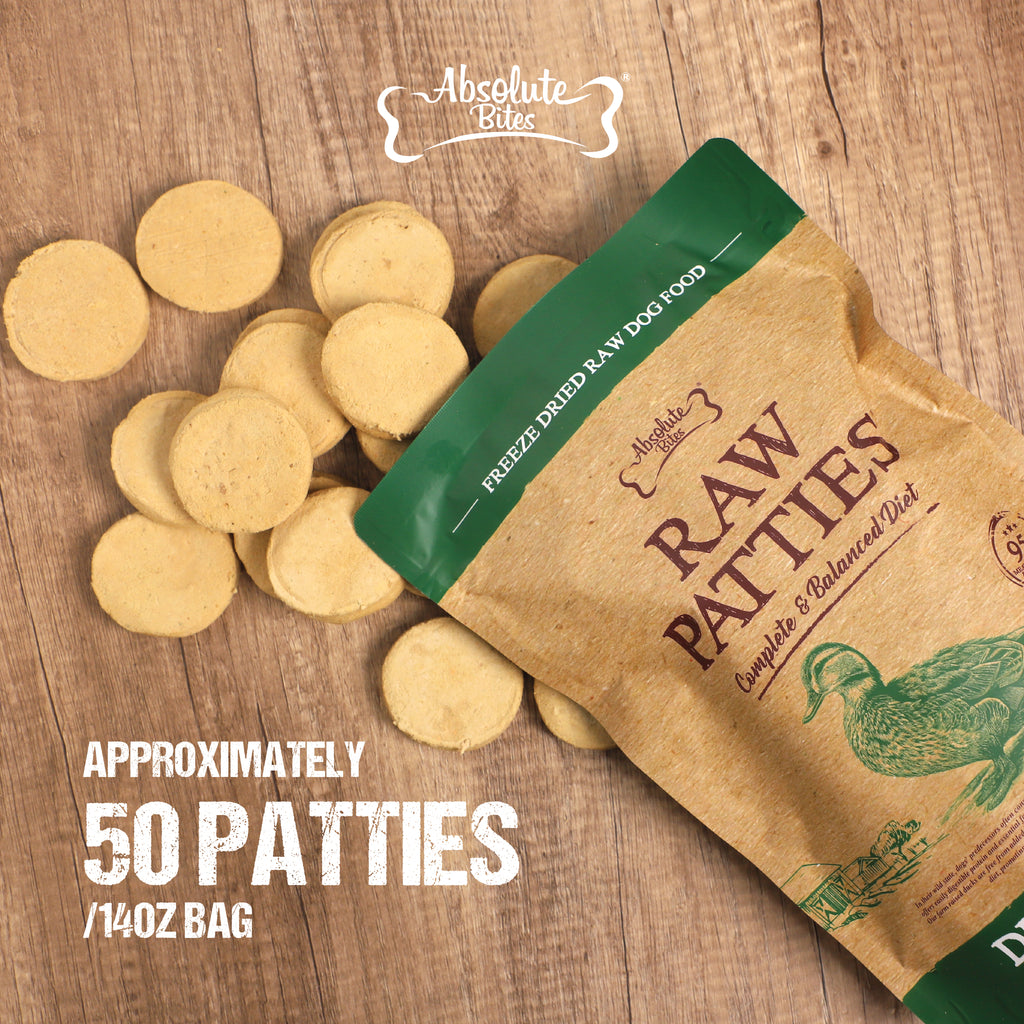 Absolute Bites Freeze-Dried Raw Quail Patty for Dogs (12oz), high-protein treat made with premium raw quail.
