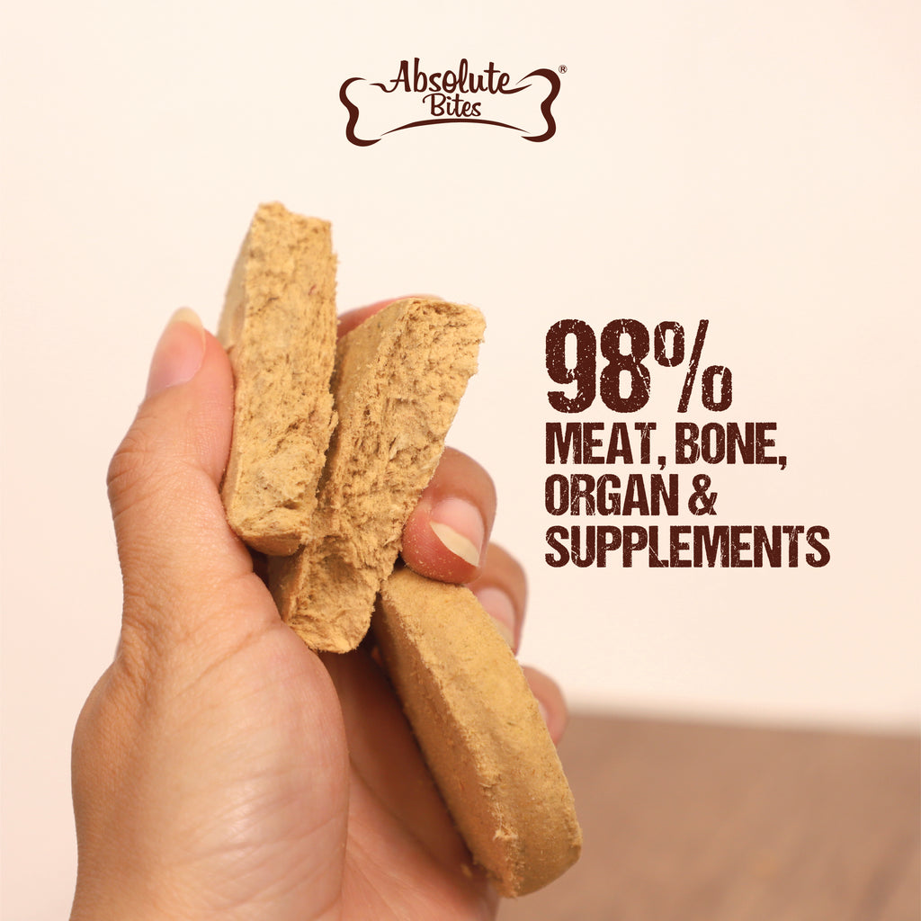Absolute Bites Freeze-Dried Raw Quail Patty for Dogs (12oz), high-protein treat made with premium raw quail.