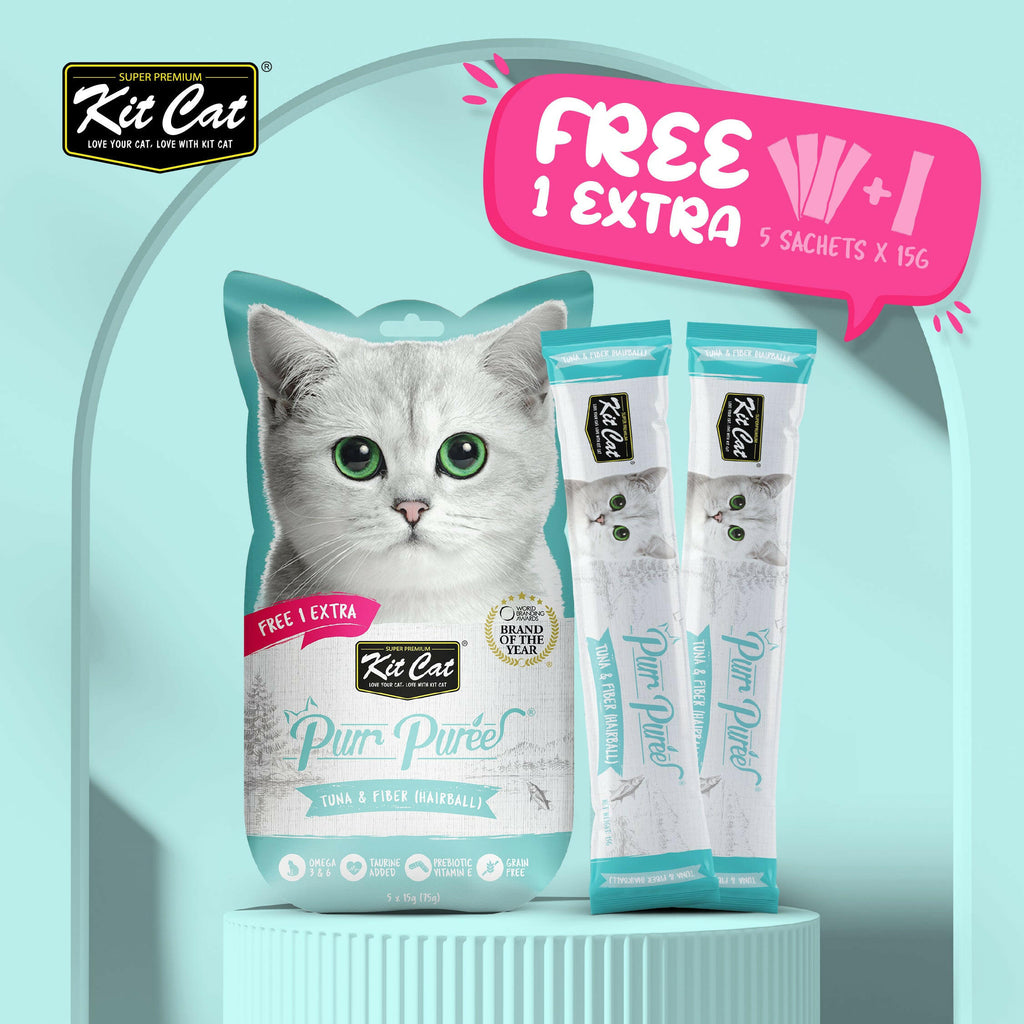 Kit Cat Purr Puree Liquid Treats for Cat - Tuna & Fiber (Hairball) (15g) | 5 Sticks.