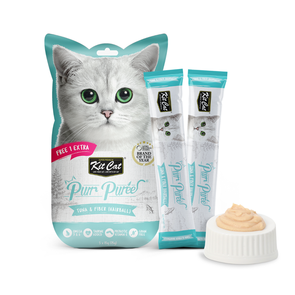 Kit Cat Purr Puree Liquid Treats for Cat - Tuna & Fiber (Hairball) (15g) | 5 Sticks.