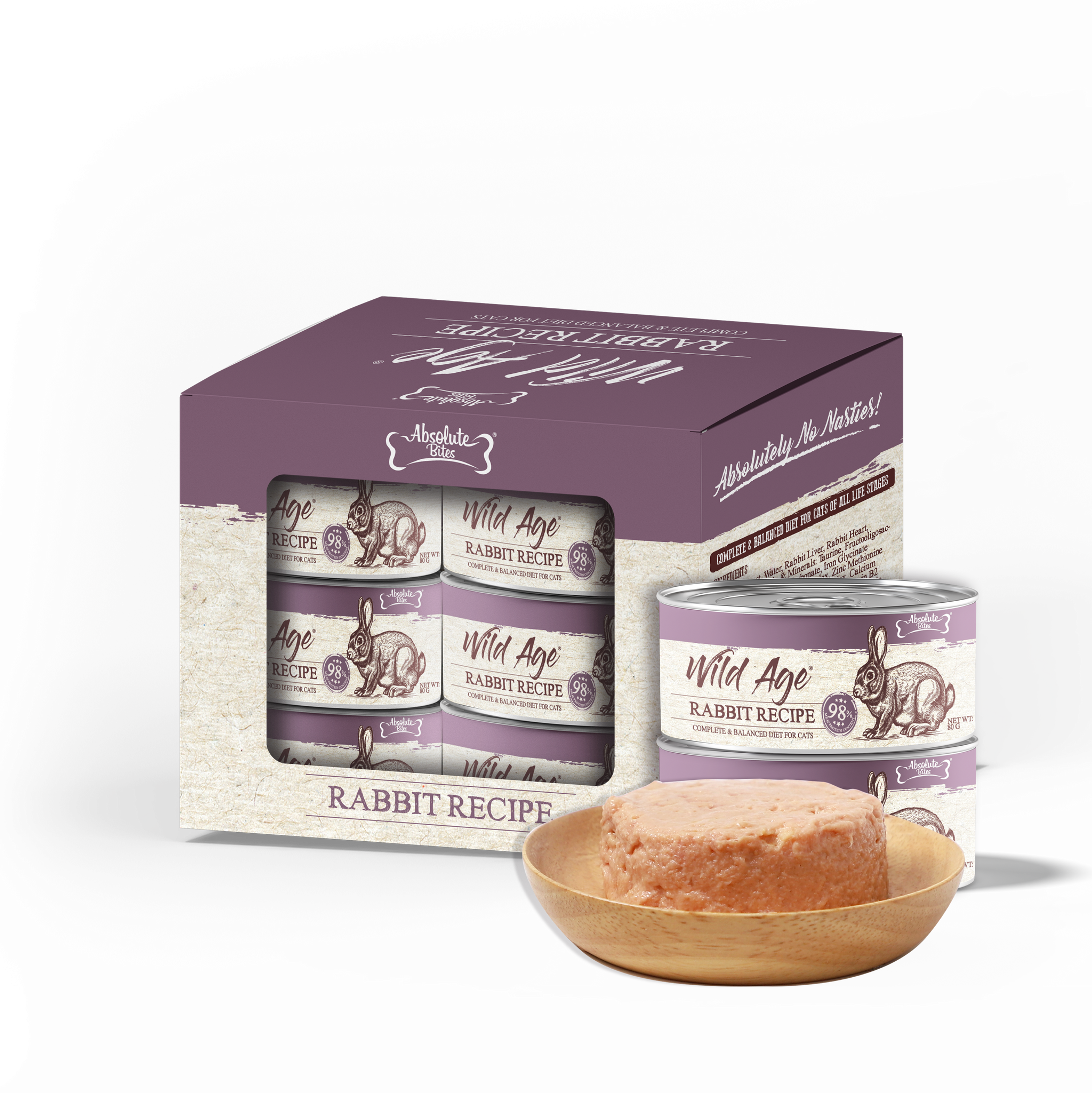 Absolute Bites Wild Age Complete & Balanced Diet Canned Food for Cats - Rabbit Recipe (80g) | Box of 6.