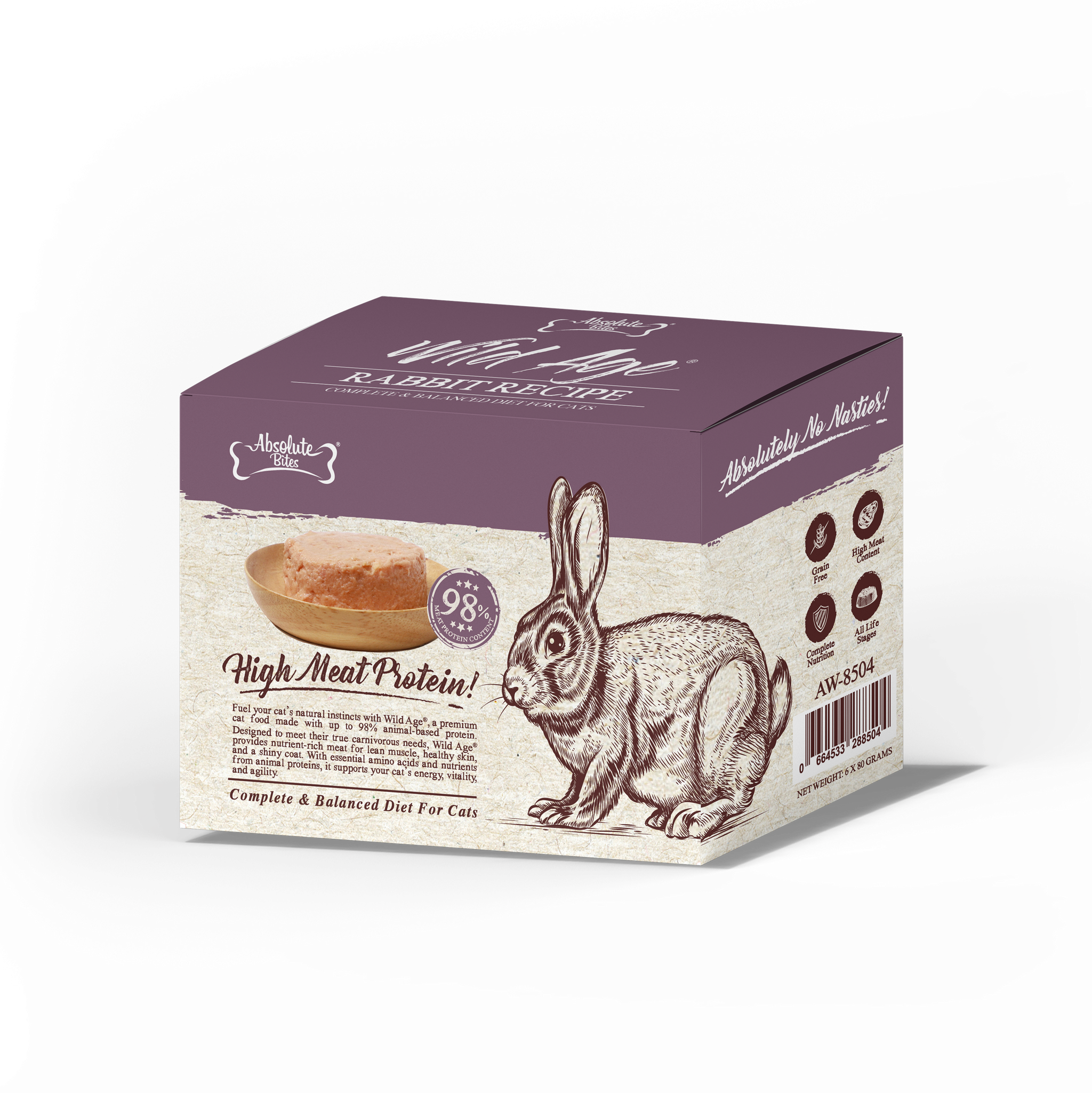 Absolute Bites Wild Age Complete & Balanced Diet Canned Food for Cats - Rabbit Recipe (80g) | Box of 6.