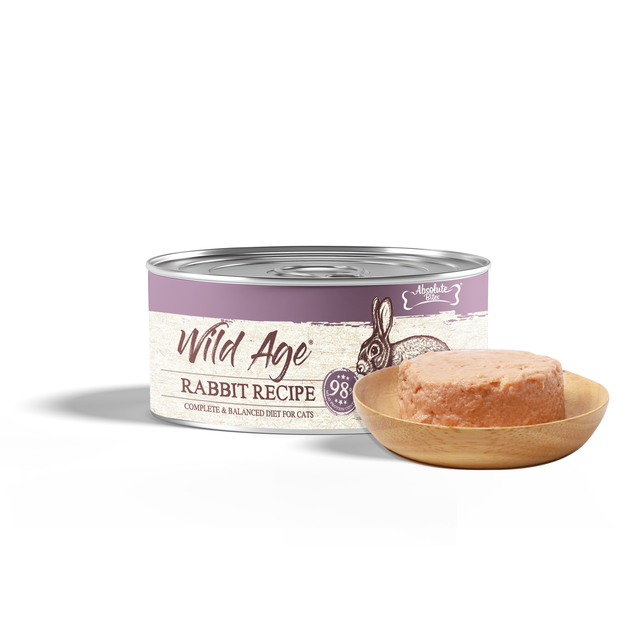 Absolute Bites Wild Age Complete & Balanced Diet Canned Food for Cats - Rabbit Recipe (80g) | Box of 6.