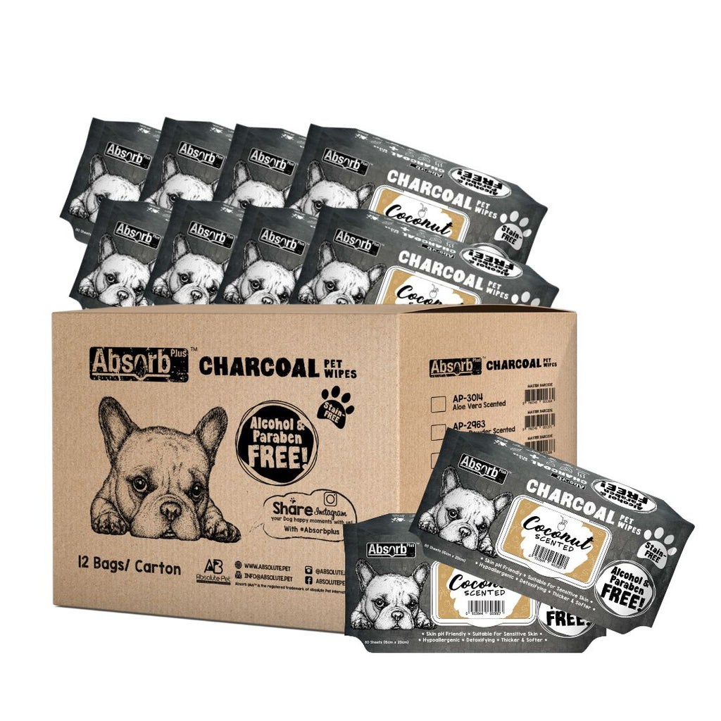 [CTN OF 12] Absorb Plus Charcoal Pet Wipes - Coconut (12x80pcs) | Alcohol & Paraben Free