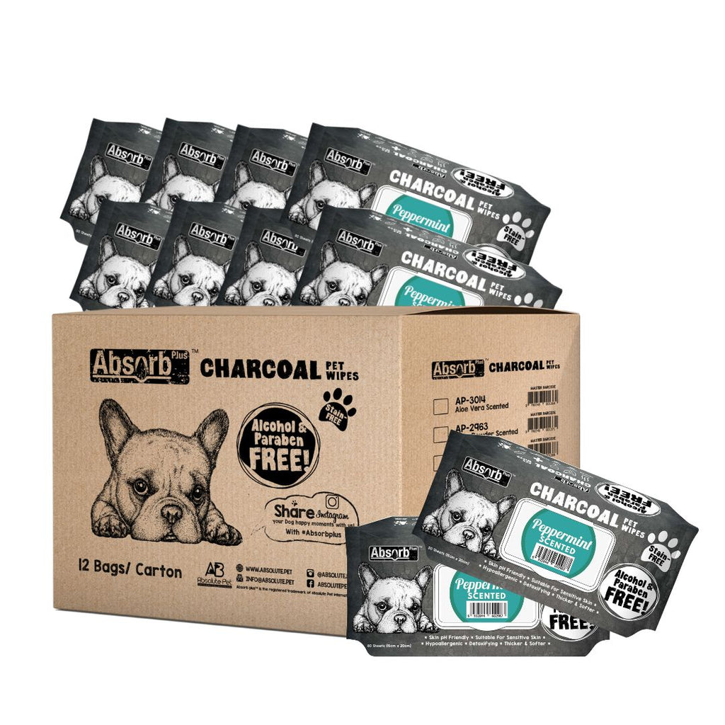 [CTN OF 12] Absorb Plus Charcoal Pet Wipes - Peppermint (12x80pcs) | Alcohol & Paraben Free