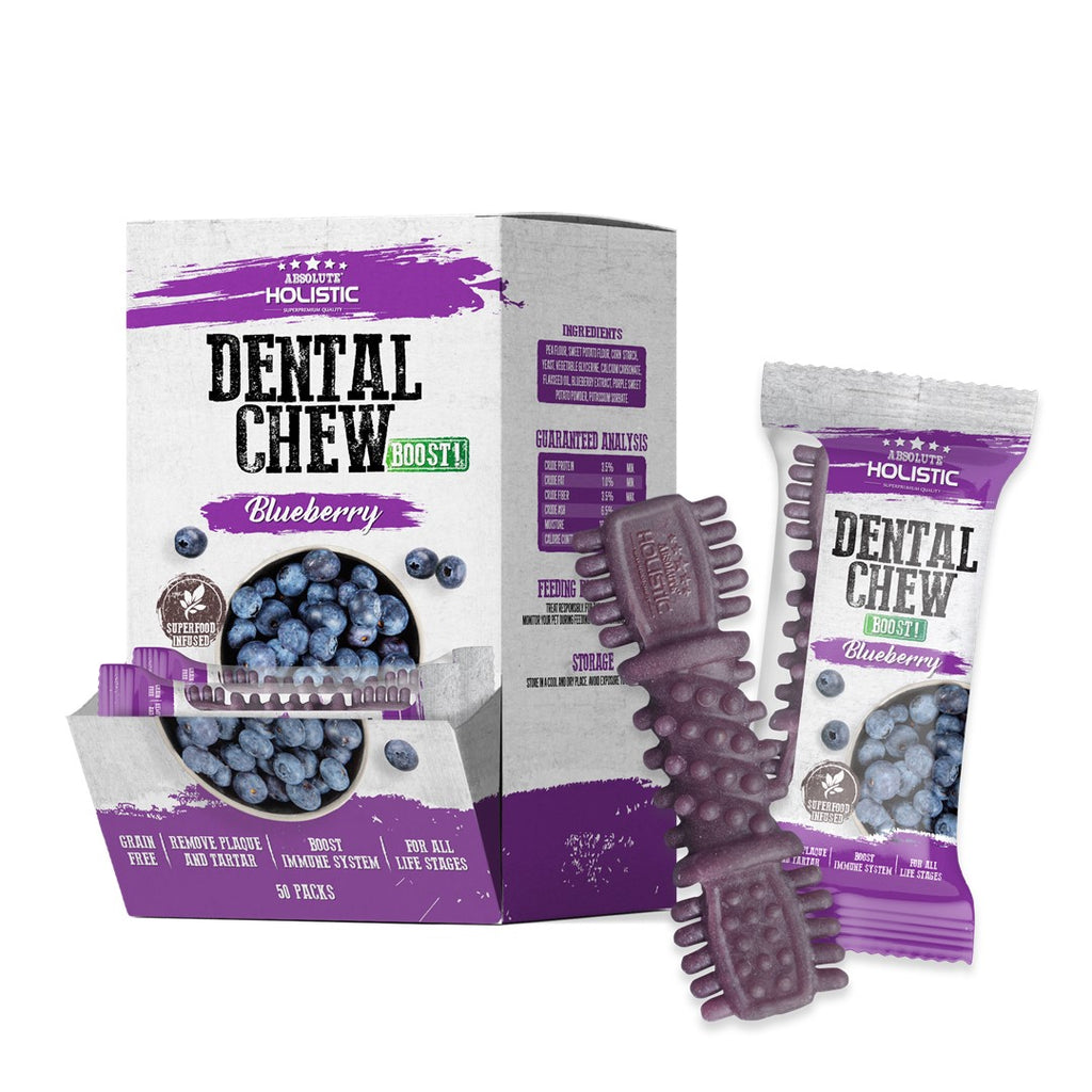 [CTN OF 50] Absolute Holistic BOOST Dental Chew for Dogs - Blueberry (4") | Infused with Superfood