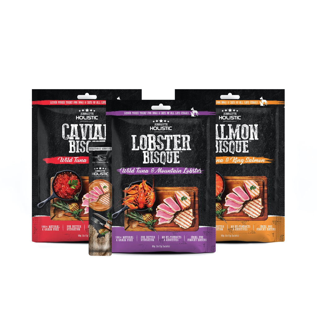 Absolute Holistic Liquid Bisque Treats for Cats & Dogs - 3 flavours (5x12g)