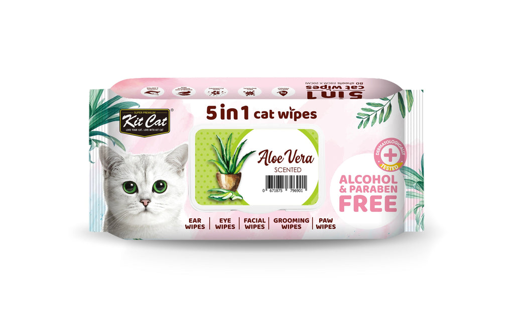 Kit Cat 5 in 1 Cat Wipes - Aloe Vera (80pcs) | Paraben & Alcohol Free