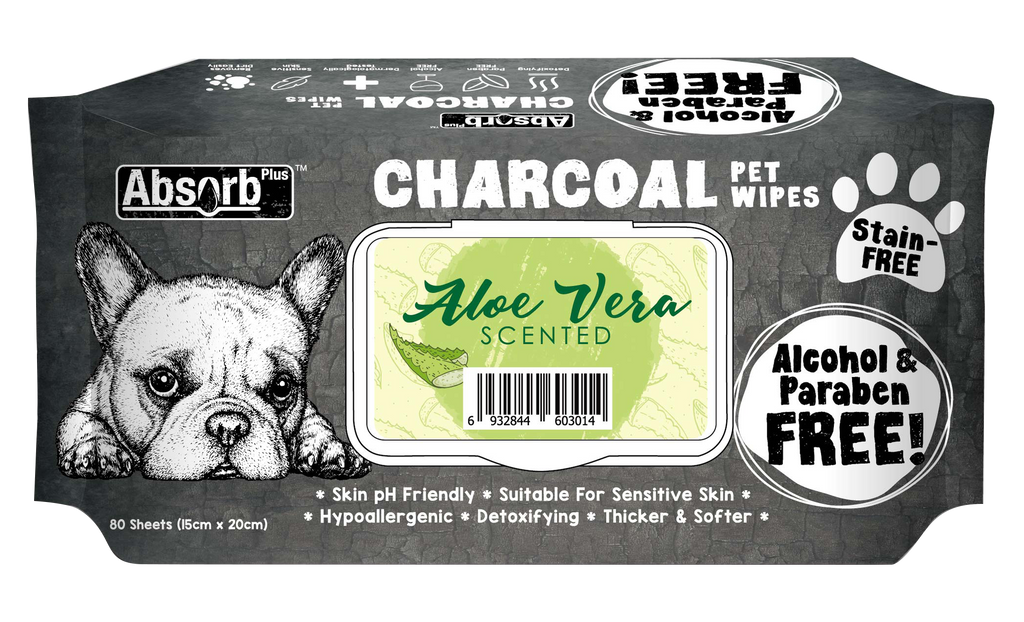 [CTN OF 12] Absorb Plus Charcoal Pet Wipes - Aloe Vera (12x80pcs) | Alcohol & Paraben Free