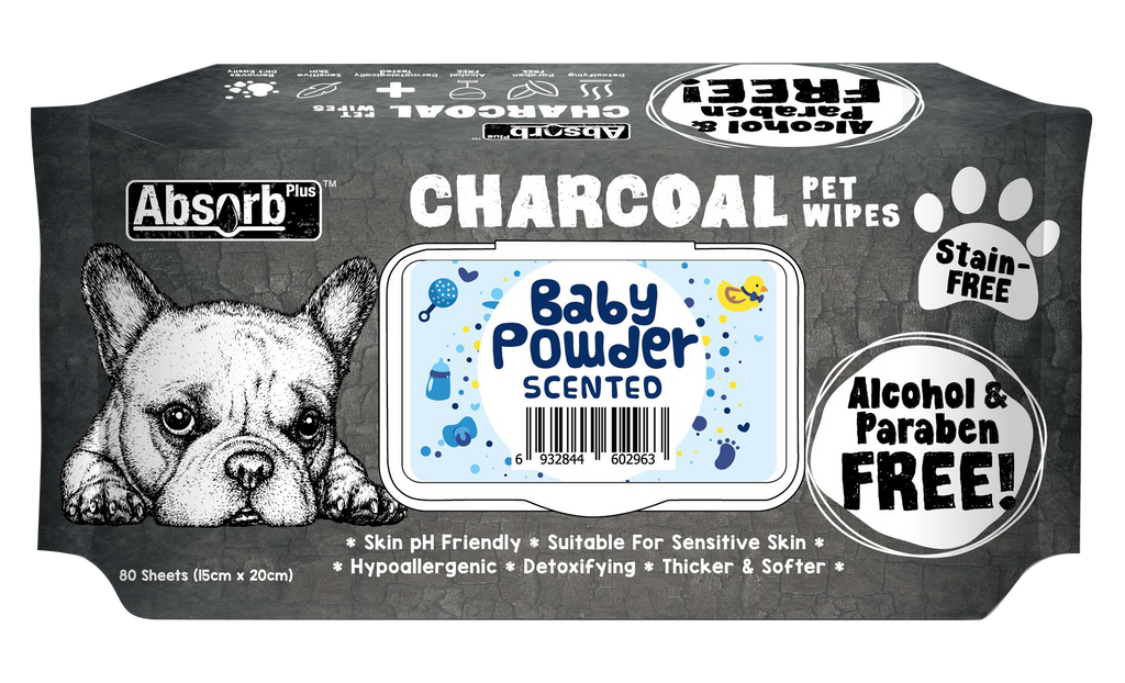 [CTN OF 12] Absorb Plus Charcoal Pet Wipes - Baby Powder (12x80pcs) | Alcohol & Paraben Free