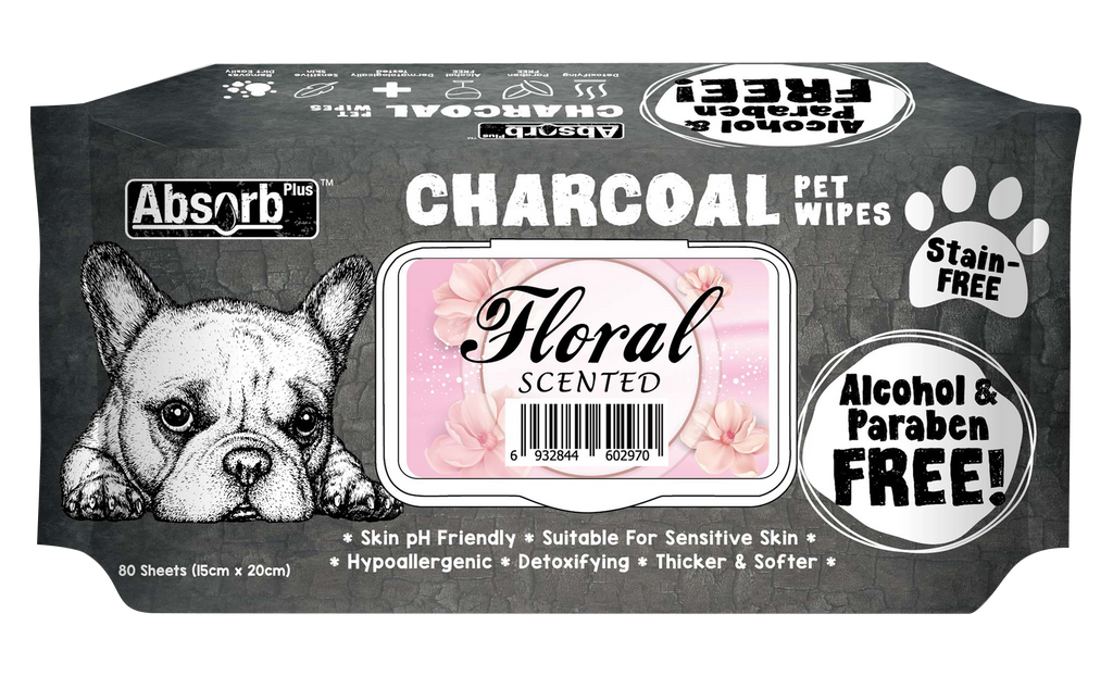 [CTN OF 12] Absorb Plus Charcoal Pet Wipes - Floral (12x80pcs) | Alcohol & Paraben Free