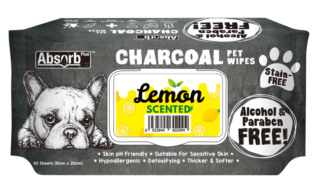 [CTN OF 12] Absorb Plus Charcoal Pet Wipes - Lemon (12x80pcs) | Alcohol & Paraben Free