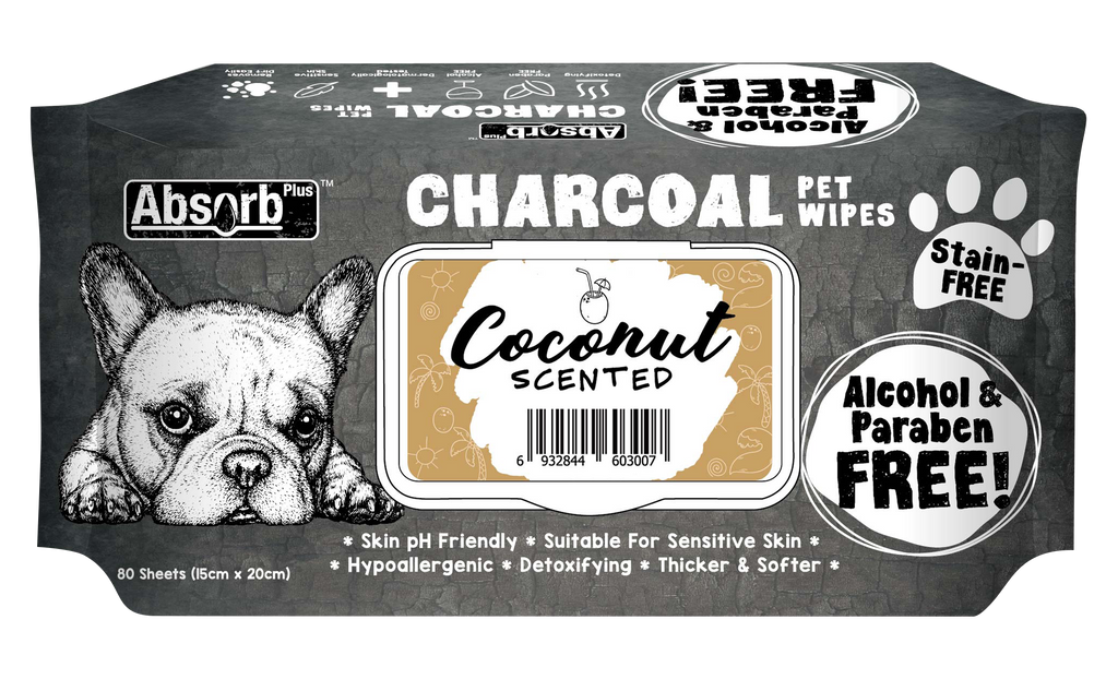 [CTN OF 12] Absorb Plus Charcoal Pet Wipes - Coconut (12x80pcs) | Alcohol & Paraben Free
