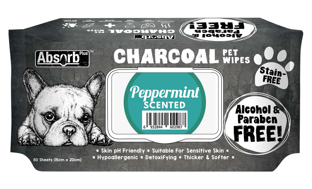 [CTN OF 12] Absorb Plus Charcoal Pet Wipes - Peppermint (12x80pcs) | Alcohol & Paraben Free