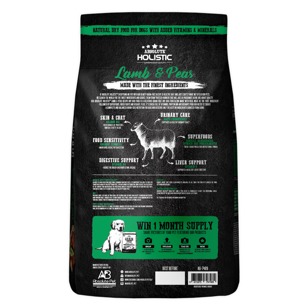 Absolute Holistic Grain Free Dry Dog Food -  Lamb & Peas (22lbs)