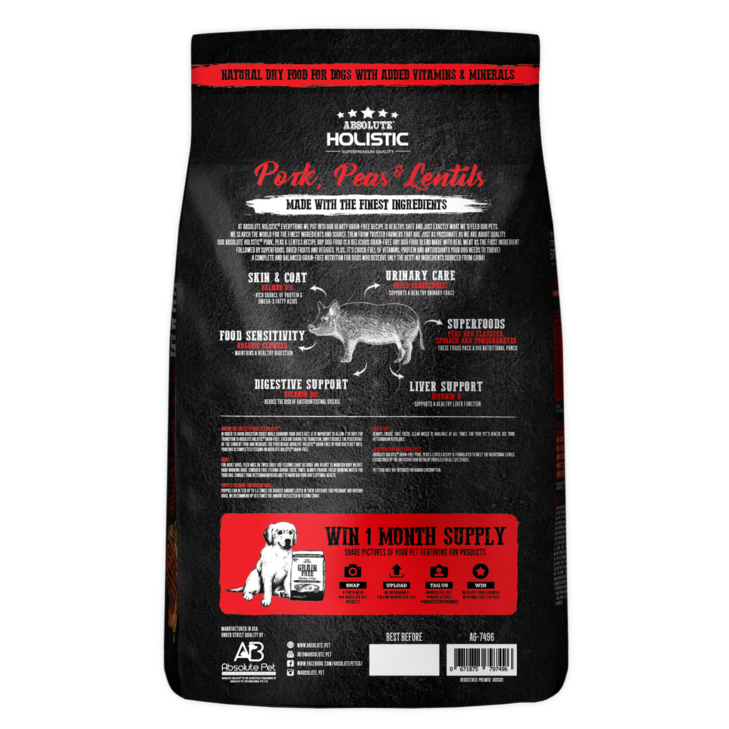 Absolute Holistic Grain Free Dry Dog Food -  Pork & Peas (22lbs)