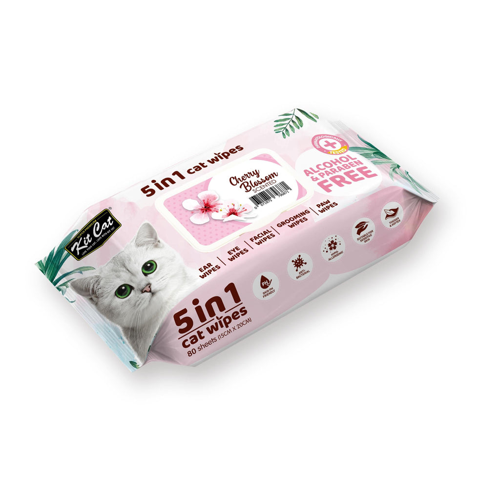 Kit Cat 5 in 1 Cat Wipes - Cherry Blossom (80pcs) | Paraben & Alcohol Free