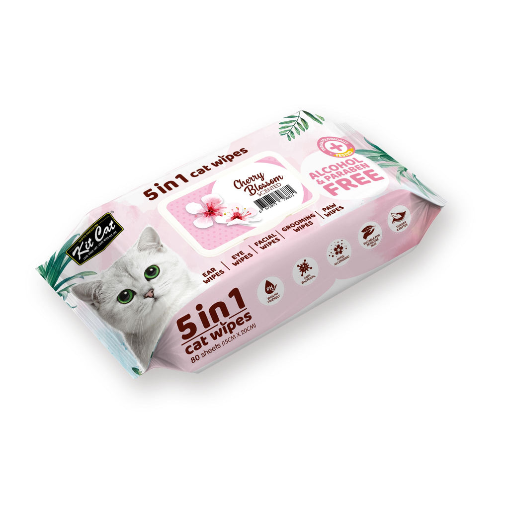 [CTN OF 12] Kit Cat 5 in 1 Cat Wipes - Cherry Blossom (12x80pcs) | Paraben & Alcohol Free