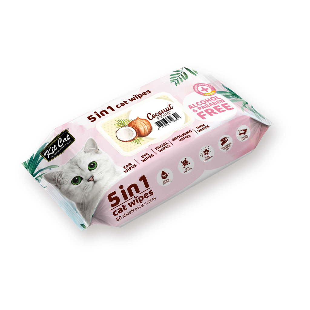 [CTN OF 12] Kit Cat 5 in 1 Cat Wipes - Coconut (12x80pcs) | Paraben & Alcohol Free