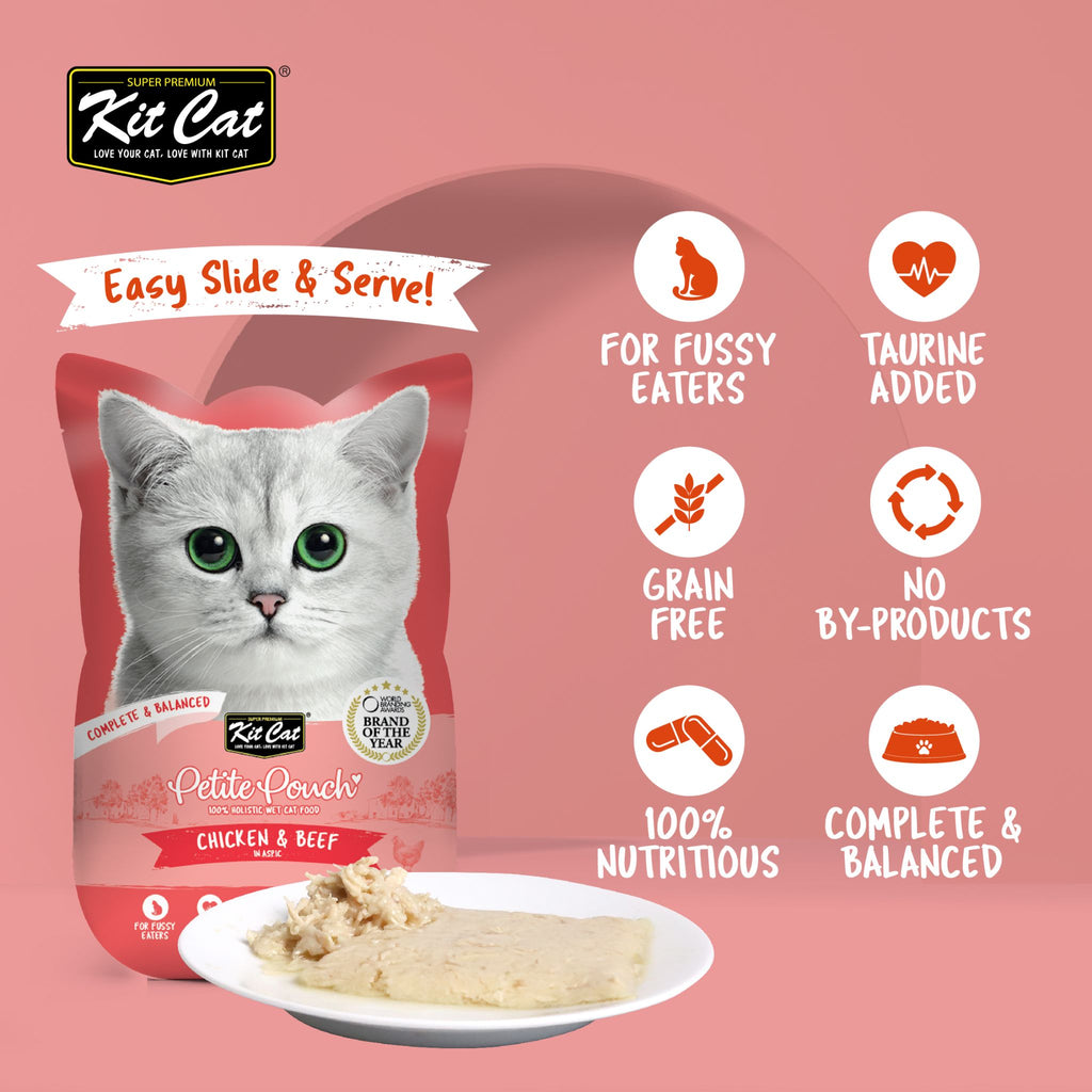 Kit Cat No Grain recipe features a premium range of ingredients to bring the benefits of a grain-free diet. This includes healthier gut health through easily digestible recipes packed with high nutritional values. This diet also promotes shiny and lustrous-looking coats with the addition of Omega 3 and 6.