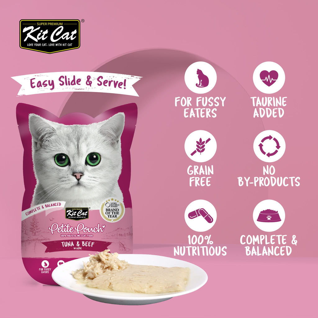 [CTN OF 24] Kit Cat Petite Pouch Complete & Balanced Wet Cat Food - Tuna & Beef in Aspic (70g)