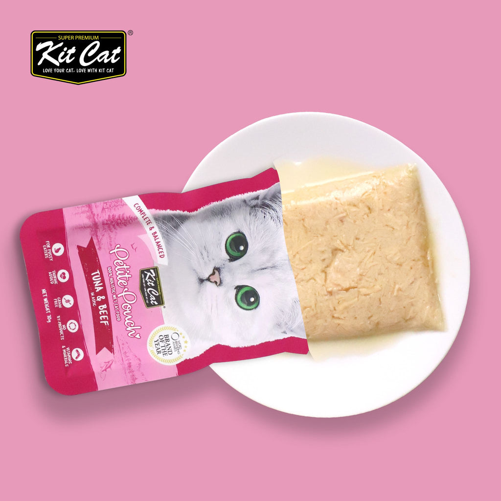 [CTN OF 24] Kit Cat Petite Pouch Complete & Balanced Wet Cat Food - Tuna & Beef in Aspic (70g)