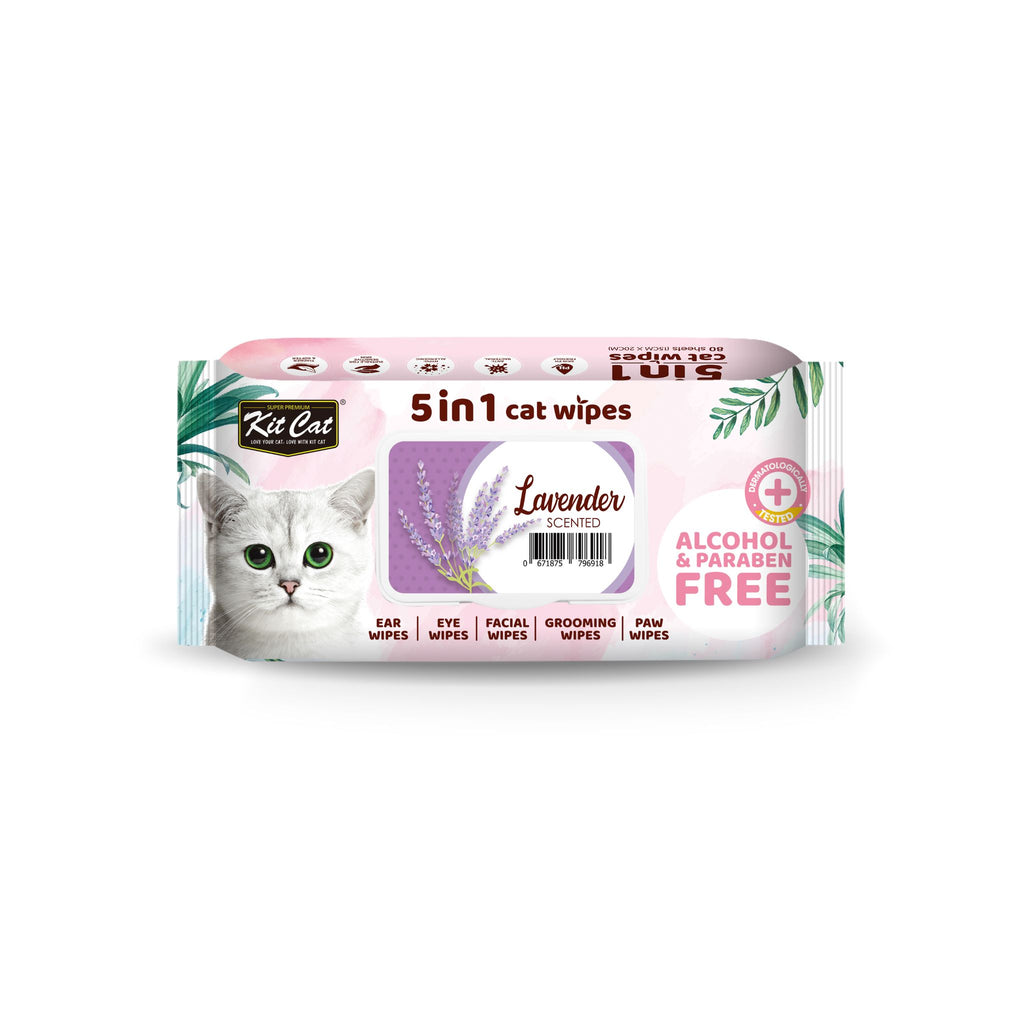 [CTN OF 12] Kit Cat 5 in 1 Cat Wipes - Lavender (12x80pcs) | Paraben & Alcohol Free