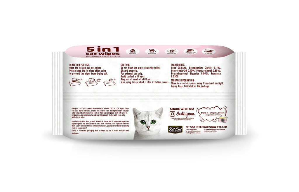 Kit Cat 5 in 1 Cat Wipes - Cherry Blossom (80pcs) | Paraben & Alcohol Free