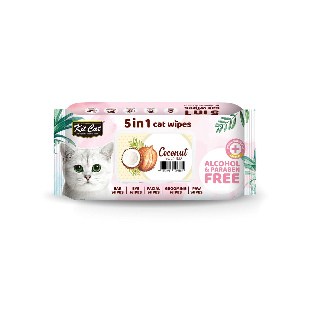 [CTN OF 12] Kit Cat 5 in 1 Cat Wipes - Coconut (12x80pcs) | Paraben & Alcohol Free