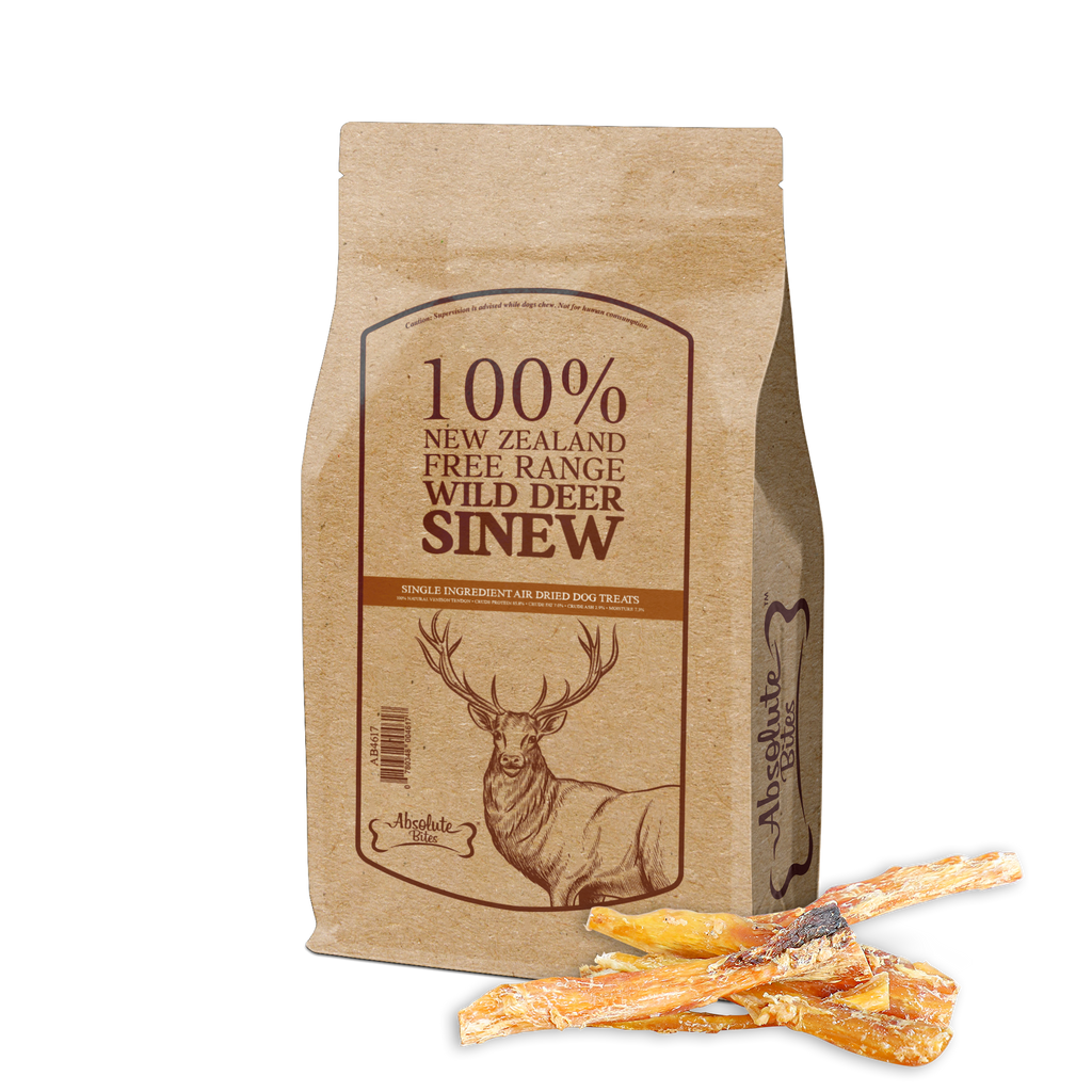 Absolute Bites Air Dried Wild Deer Sinew (150g), high-protein, natural dog treats made from premium wild deer.