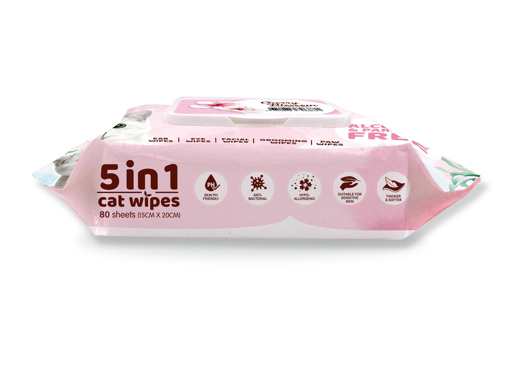 Kit Cat 5 in 1 Cat Wipes - Cherry Blossom (80pcs) | Paraben & Alcohol Free